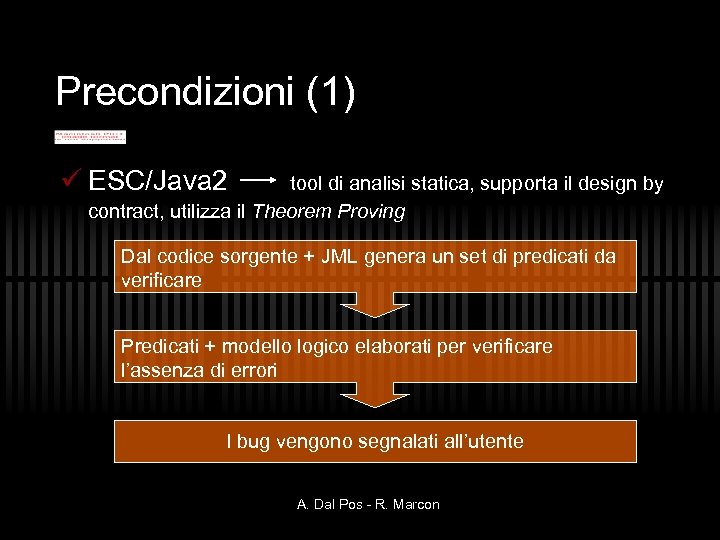 Precondizioni (1) ü ESC/Java 2 tool di analisi statica, supporta il design by contract,