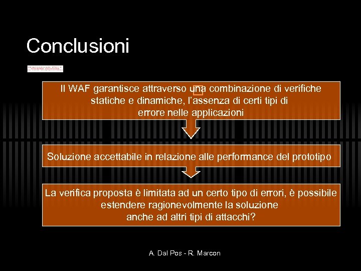 Conclusioni Il WAF garantisce attraverso una combinazione di verifiche statiche e dinamiche, l’assenza di