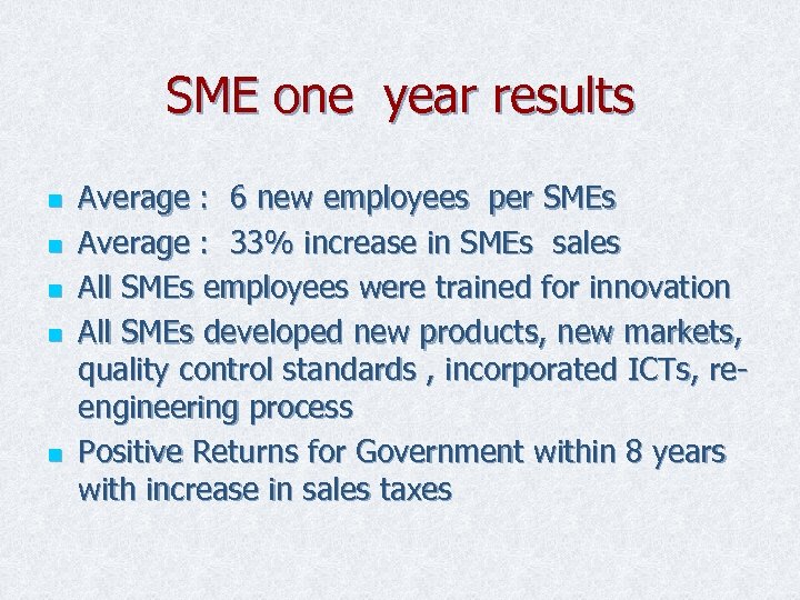 SME one year results n n n Average : 6 new employees per SMEs