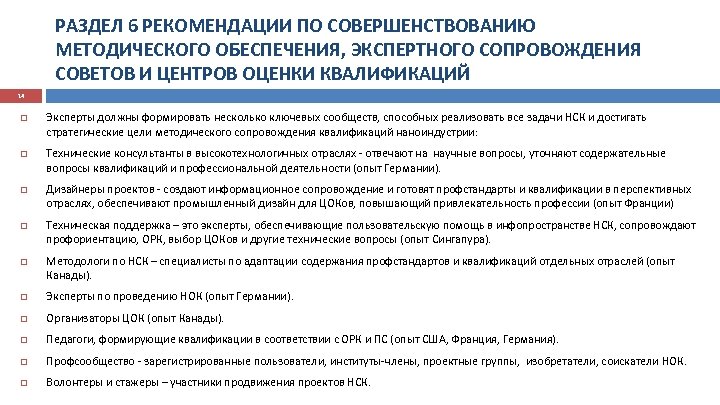 РАЗДЕЛ 6 РЕКОМЕНДАЦИИ ПО СОВЕРШЕНСТВОВАНИЮ МЕТОДИЧЕСКОГО ОБЕСПЕЧЕНИЯ, ЭКСПЕРТНОГО СОПРОВОЖДЕНИЯ СОВЕТОВ И ЦЕНТРОВ ОЦЕНКИ КВАЛИФИКАЦИЙ