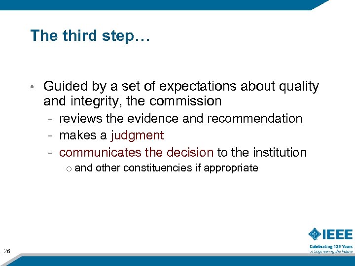 The third step… • Guided by a set of expectations about quality and integrity,
