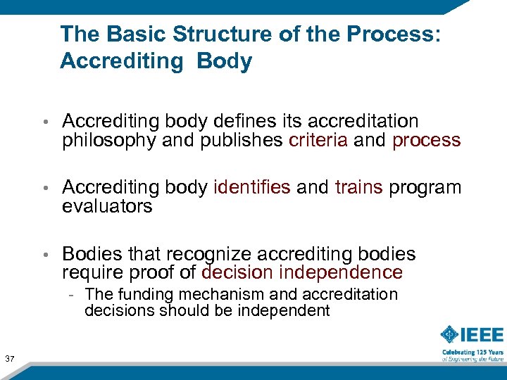 The Basic Structure of the Process: Accrediting Body • Accrediting body defines its accreditation