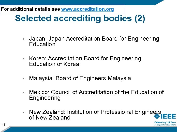 For additional details see www. accreditation. org Selected accrediting bodies (2) • • Korea: