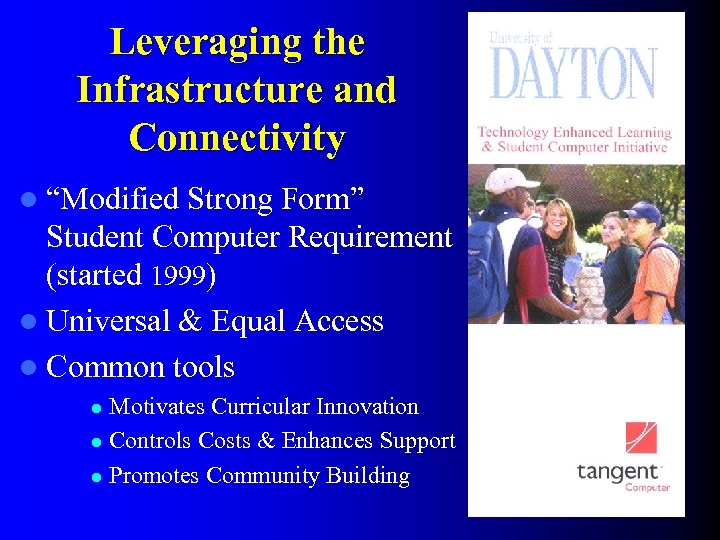 Leveraging the Infrastructure and Connectivity l “Modified Strong Form” Student Computer Requirement (started 1999)