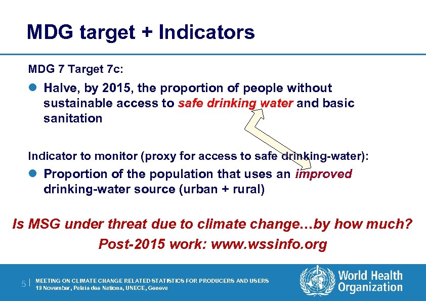 MDG target + Indicators MDG 7 Target 7 c: l Halve, by 2015, the