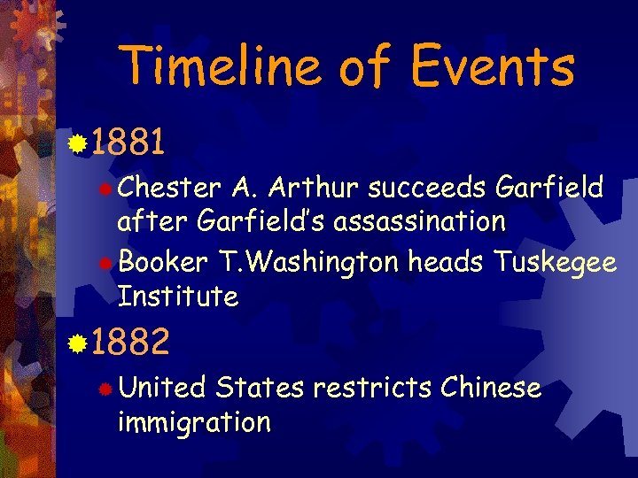 Timeline of Events ® 1881 ® Chester A. Arthur succeeds Garfield after Garfield’s assassination