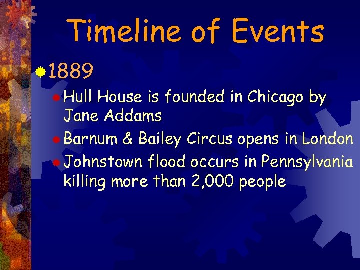 Timeline of Events ® 1889 ® Hull House is founded in Chicago by Jane