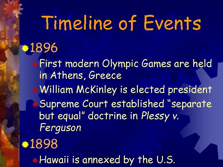Timeline of Events ® 1896 ® First modern Olympic Games are held in Athens,