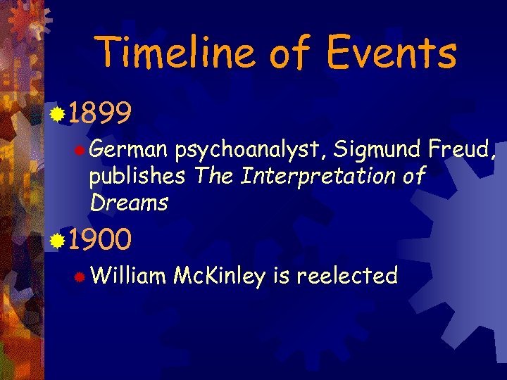 Timeline of Events ® 1899 ® German psychoanalyst, Sigmund Freud, publishes The Interpretation of