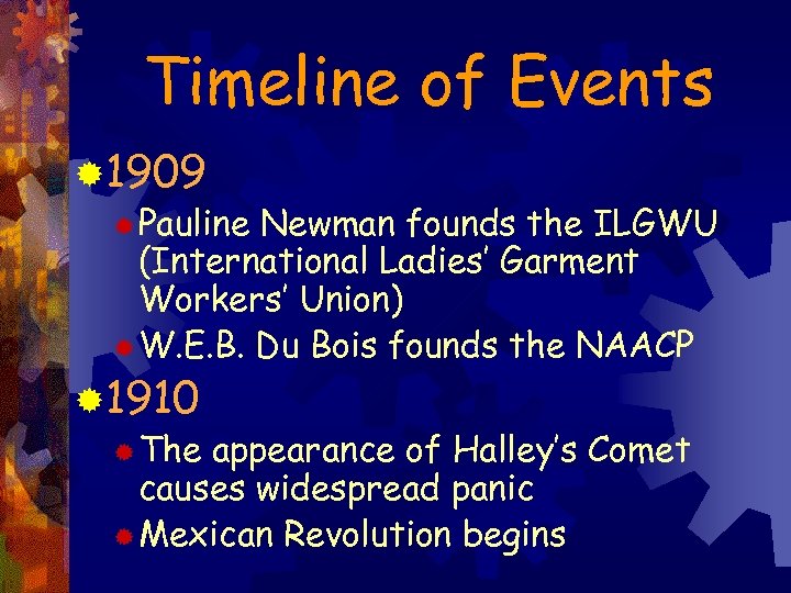 Timeline of Events ® 1909 ® Pauline Newman founds the ILGWU (International Ladies’ Garment