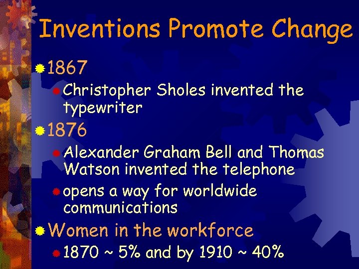 Inventions Promote Change ® 1867 ® Christopher typewriter Sholes invented the ® 1876 ®