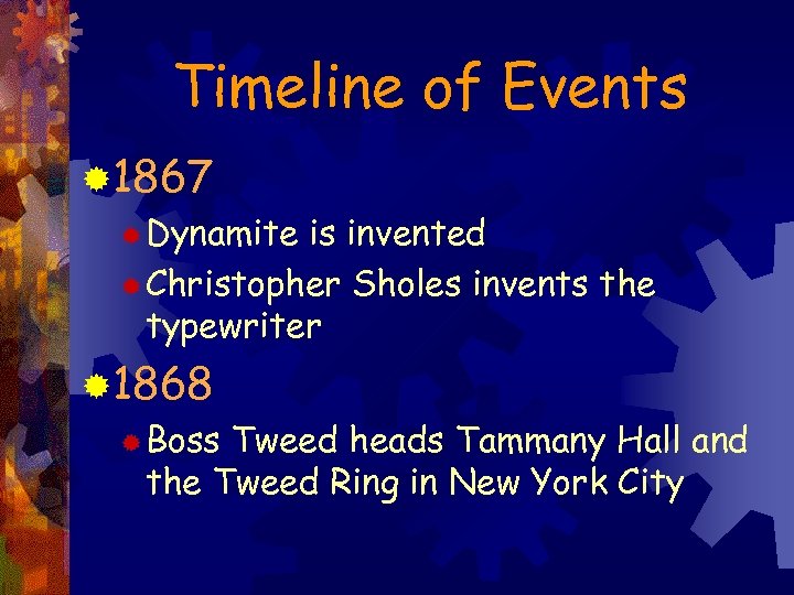 Timeline of Events ® 1867 ® Dynamite is invented ® Christopher Sholes invents the