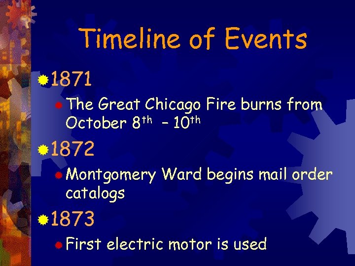 Timeline of Events ® 1871 ® The Great Chicago Fire burns from October 8