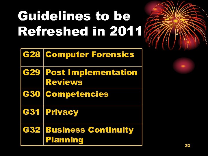 Guidelines to be Refreshed in 2011 G 28 Computer Forensics G 29 Post Implementation