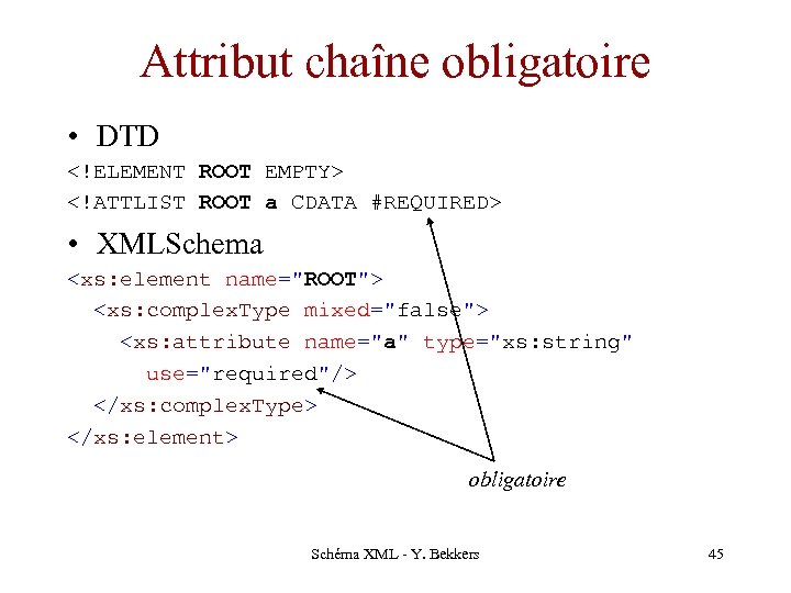 Attribut chaîne obligatoire • DTD <!ELEMENT ROOT EMPTY> <!ATTLIST ROOT a CDATA #REQUIRED> •