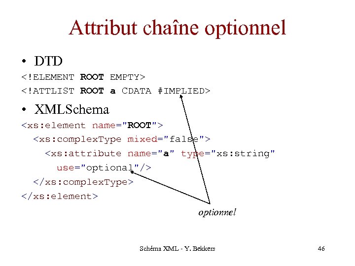 Attribut chaîne optionnel • DTD <!ELEMENT ROOT EMPTY> <!ATTLIST ROOT a CDATA #IMPLIED> •