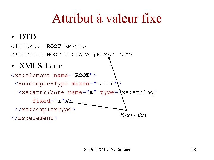 Attribut à valeur fixe • DTD <!ELEMENT ROOT EMPTY> <!ATTLIST ROOT a CDATA #FIXED