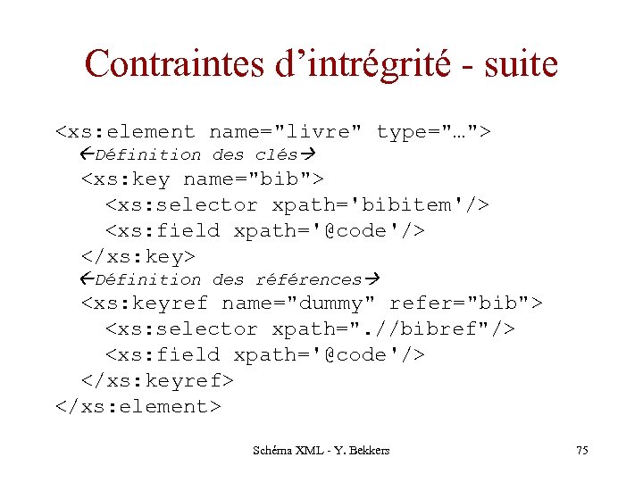 Contraintes d’intrégrité - suite <xs: element name="livre" type="…"> Définition des clés <xs: key name="bib">