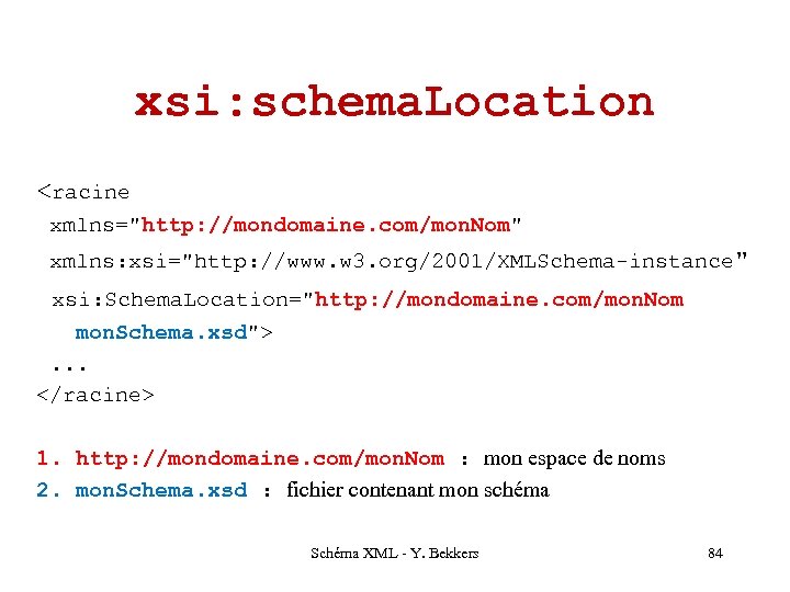 xsi: schema. Location <racine xmlns="http: //mondomaine. com/mon. Nom" xmlns: xsi="http: //www. w 3. org/2001/XMLSchema-instance"