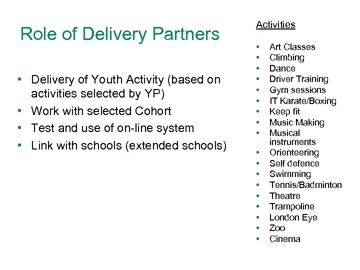 Role of Delivery Partners • Delivery of Youth Activity (based on activities selected by