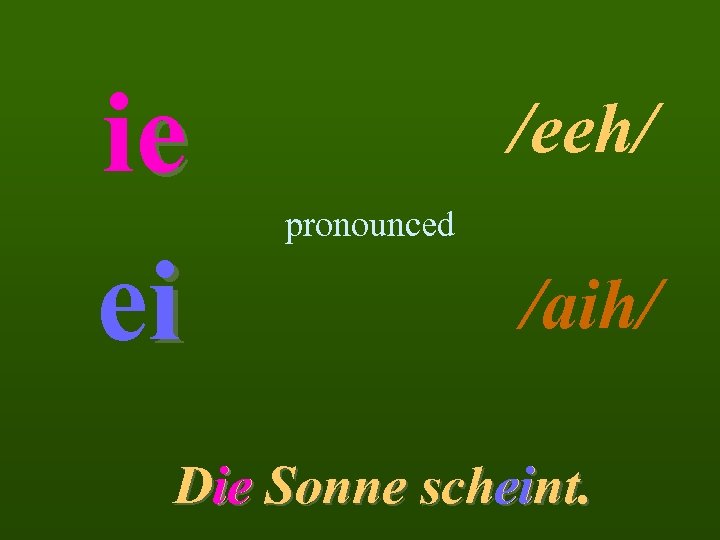 ie ei /eeh/ pronounced /aih/ Die Sonne scheint. ie ei 