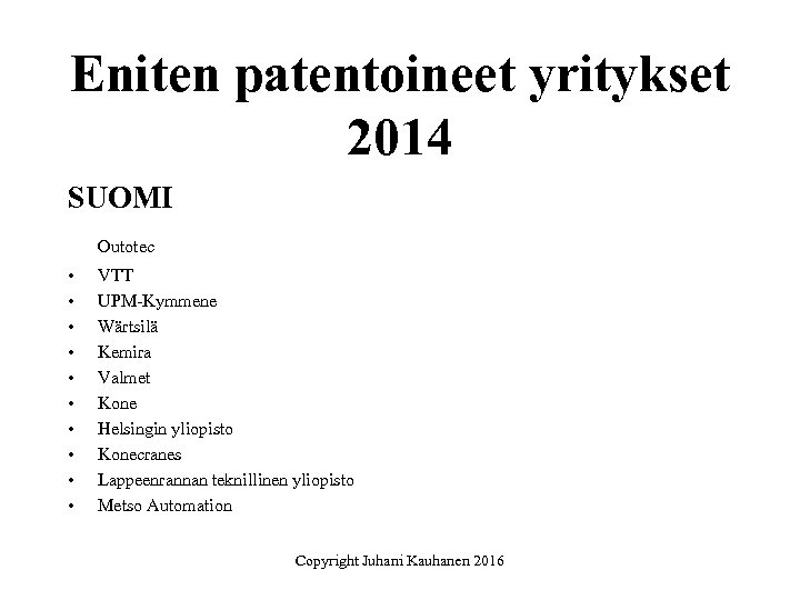 Eniten patentoineet yritykset 2014 SUOMI Outotec • • • VTT UPM-Kymmene Wärtsilä Kemira Valmet