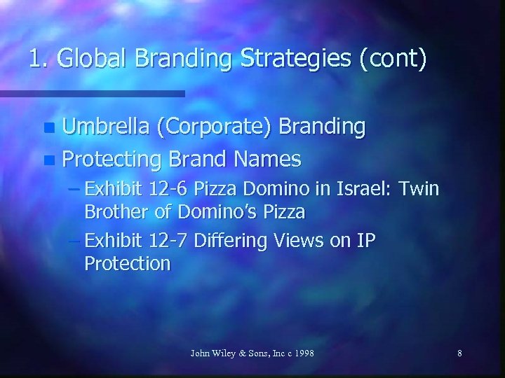 1. Global Branding Strategies (cont) Umbrella (Corporate) Branding n Protecting Brand Names n –