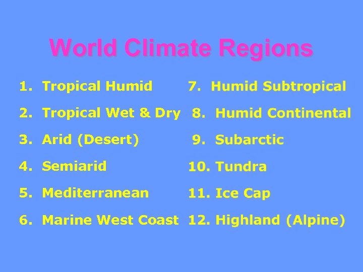 World Climate Regions 1. Tropical Humid 2. Tropical Wet & Dry 3. Arid (Desert)