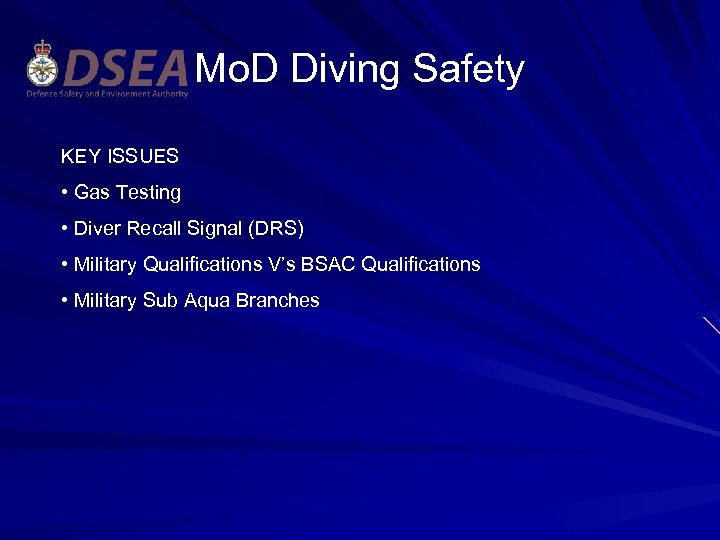 Mo. D Diving Safety KEY ISSUES • Gas Testing • Diver Recall Signal (DRS)
