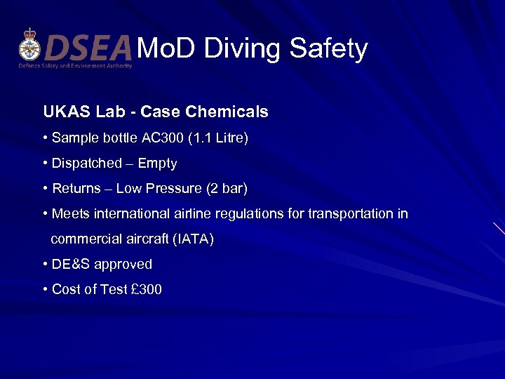Mo. D Diving Safety UKAS Lab - Case Chemicals • Sample bottle AC 300