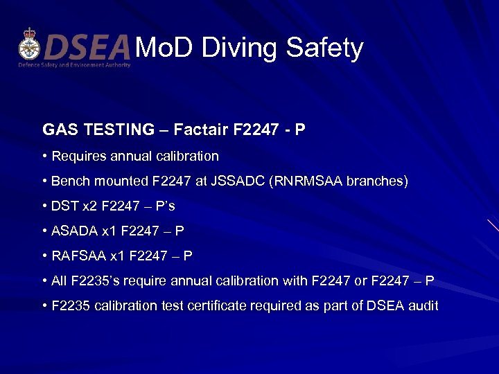 Mo. D Diving Safety GAS TESTING – Factair F 2247 - P • Requires