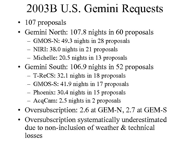 2003 B U. S. Gemini Requests • 107 proposals • Gemini North: 107. 8