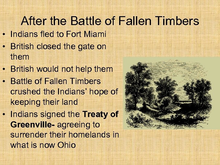 After the Battle of Fallen Timbers • Indians fled to Fort Miami • British