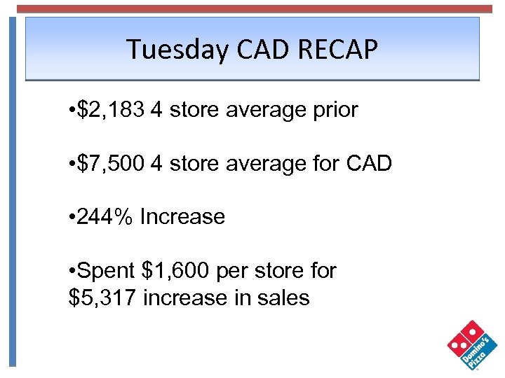 Tuesday CAD RECAP • $2, 183 4 store average prior • $7, 500 4