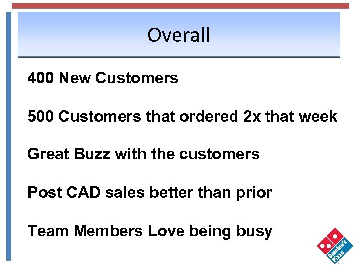 Overall 400 New Customers 500 Customers that ordered 2 x that week Great Buzz