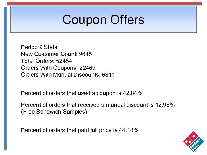 Coupon Offers Period 9 Stats: New Customer Count: 9645 Total Orders: 52454 Orders With