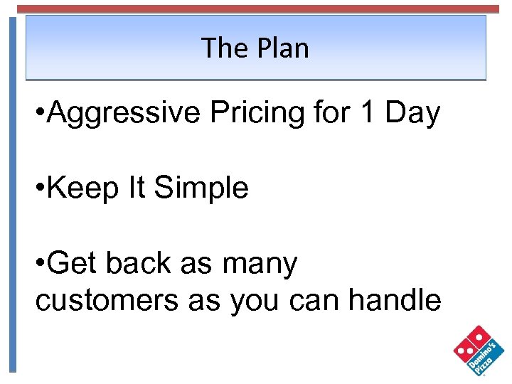 The Plan • Aggressive Pricing for 1 Day • Keep It Simple • Get