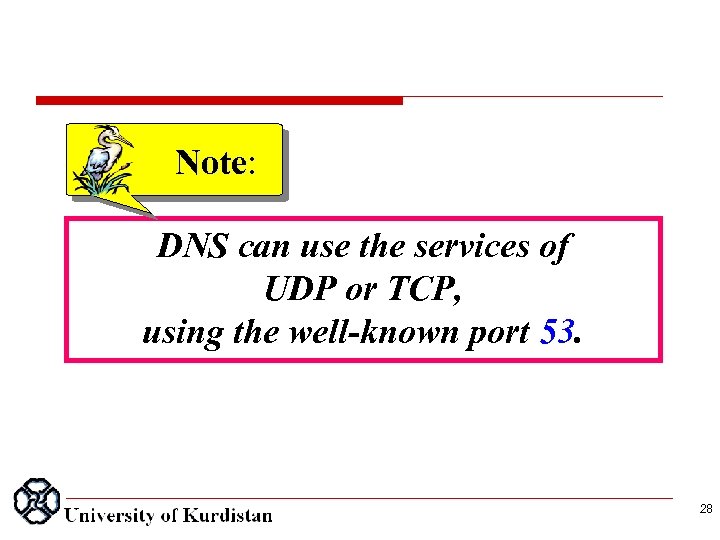 Note: DNS can use the services of UDP or TCP, using the well-known port