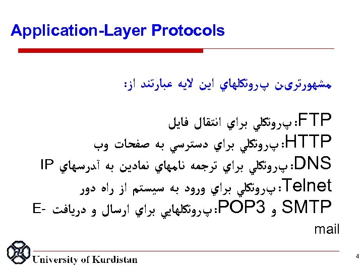  Application Layer Protocols ﻣﺸﻬﻮﺭﺗﺮیﻦ پﺮﻭﺗﻜﻠﻬﺎﻱ ﺍﻳﻦ ﻻﻳﻪ ﻋﺒﺎﺭﺗﻨﺪ ﺍﺯ: : FTP پﺮﻭﺗﻜﻠﻲ ﺑﺮﺍﻱ