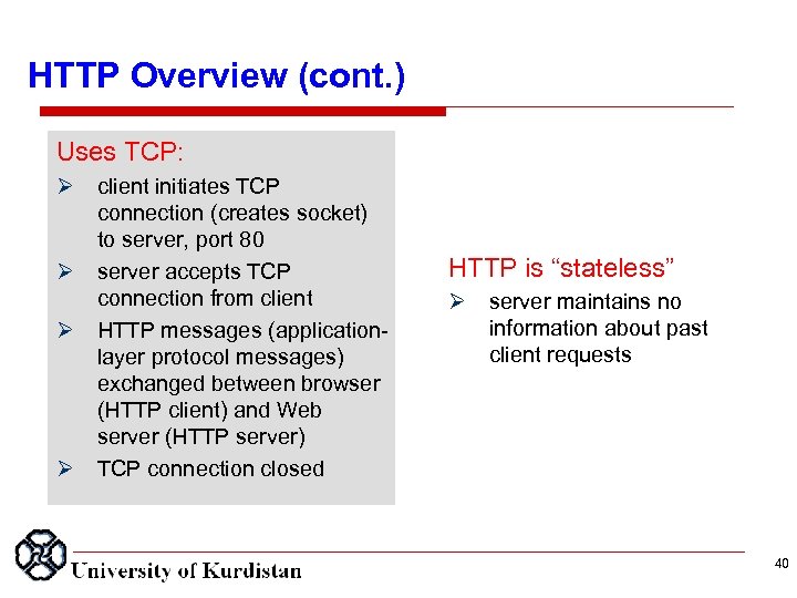 HTTP Overview (cont. ) Uses TCP: client initiates TCP connection (creates socket) to server,