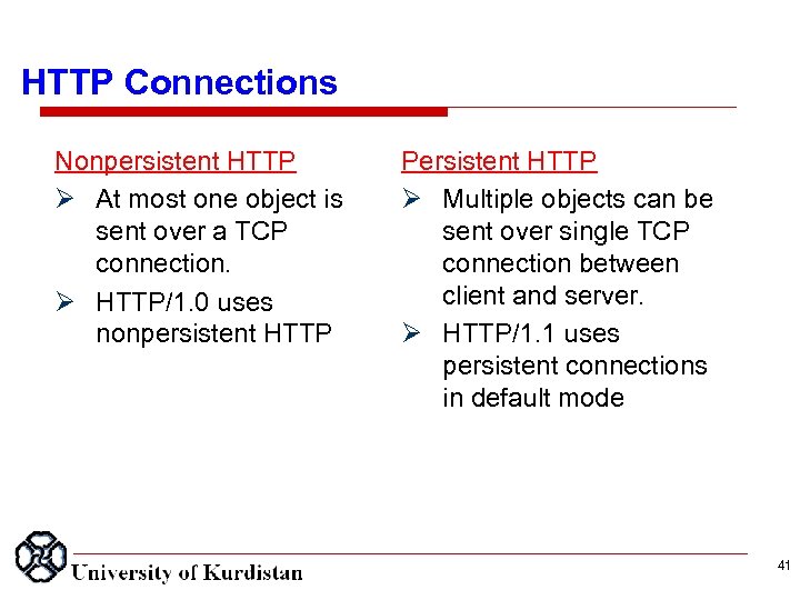 HTTP Connections Nonpersistent HTTP At most one object is sent over a TCP connection.