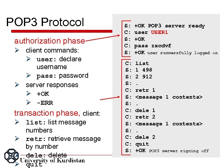 POP 3 Protocol authorization phase client commands: user: declare username pass: password server responses