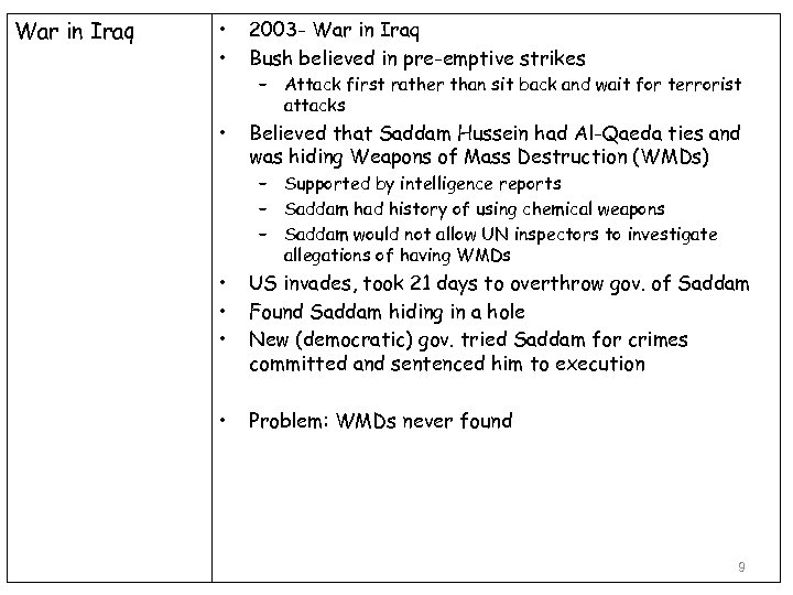 War in Iraq • • 2003 - War in Iraq Bush believed in pre-emptive