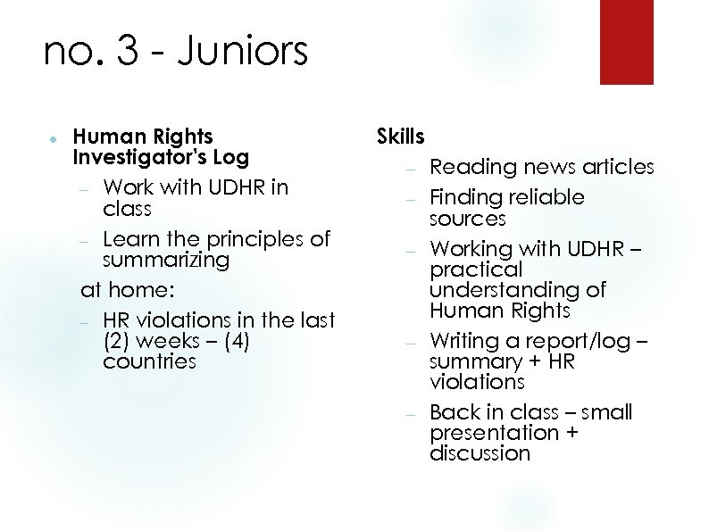 no. 3 - Juniors Human Rights Investigator's Log Work with UDHR in class Learn