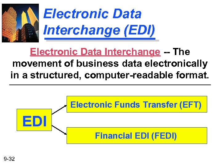 Electronic Data Interchange (EDI) Electronic Data Interchange -- The movement of business data electronically