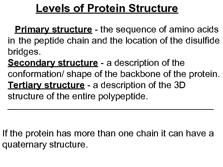 Levels of Protein Structure Primary structure - the sequence of amino acids in the