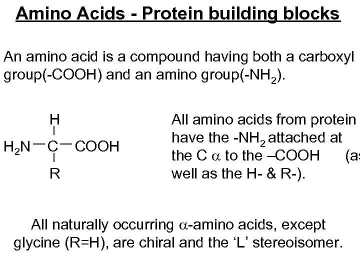 Amino Acids - Protein building blocks An amino acid is a compound having both