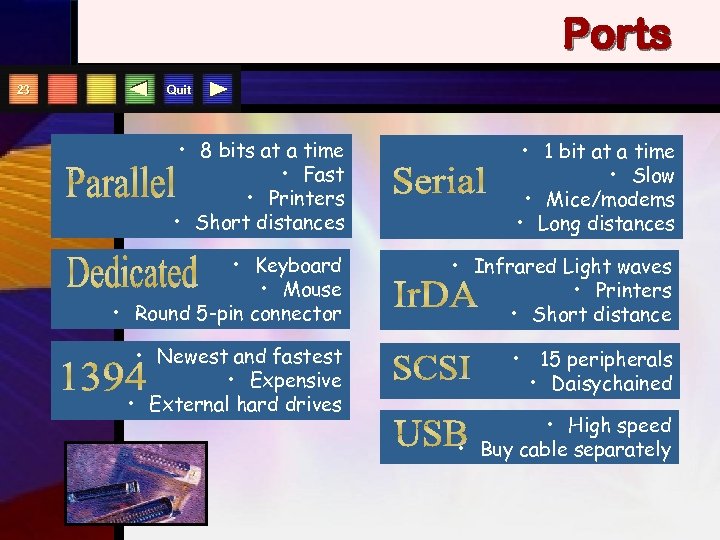 Ports 23 Quit • 8 bits at a time • Fast • Printers •