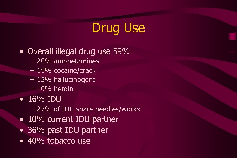 Drug Use • Overall illegal drug use 59% – – 20% 19% 15% 10%