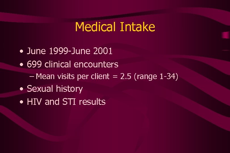 Medical Intake • June 1999 -June 2001 • 699 clinical encounters – Mean visits